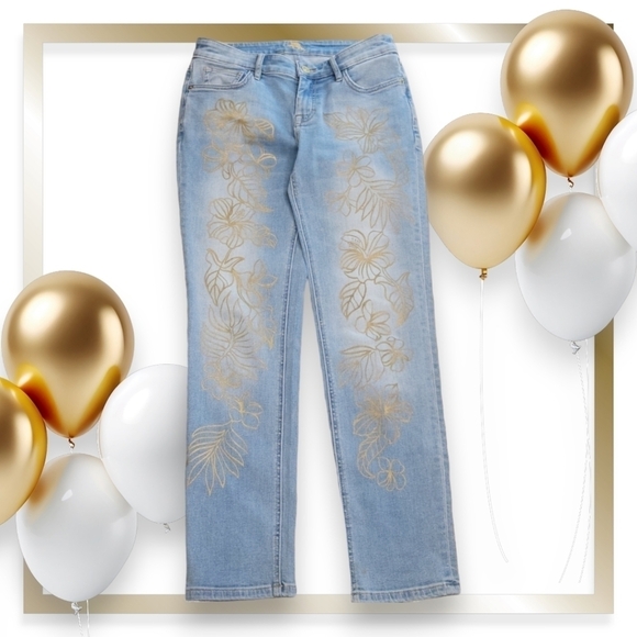 Tommy Bahama Slim Boyfriend Gold Floral Print Jeans Womens Size 25X29 - Picture 1 of 9